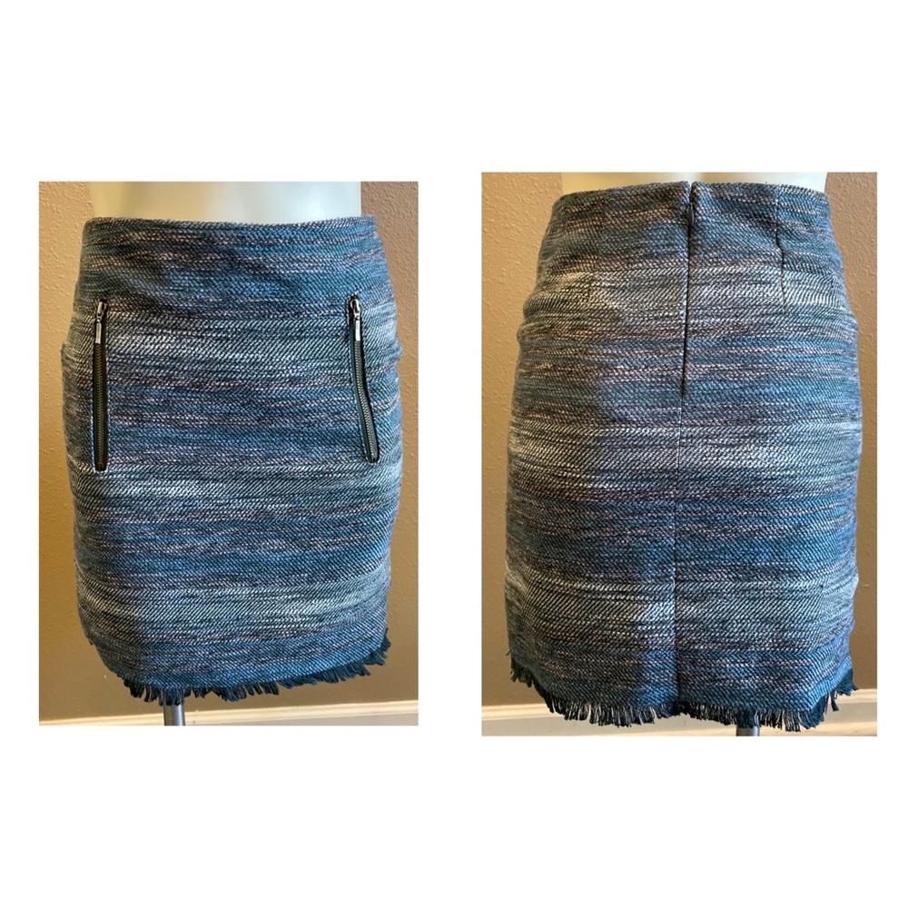 Lined Tweed Skirt Loft Blue Gray Front Zip Pockets Fringed Hem Fully Size 0 W26”